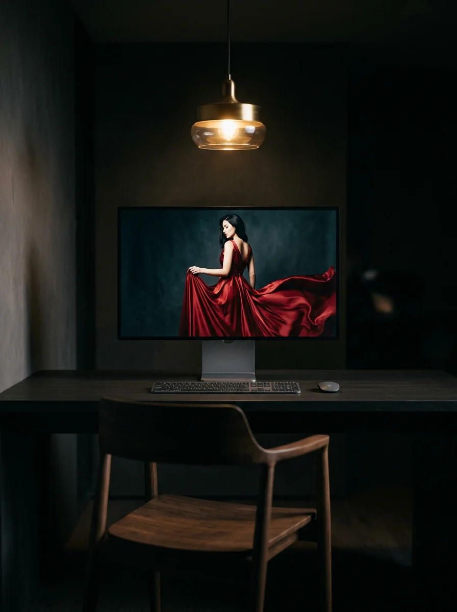 Editorial studio photograph showcasing AI-generated luxury fashion imagery